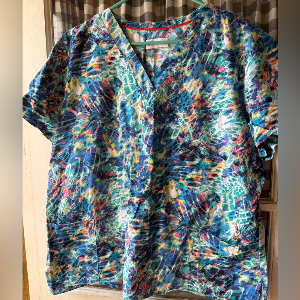 White Cross Colorful tie dye scrub top 2X